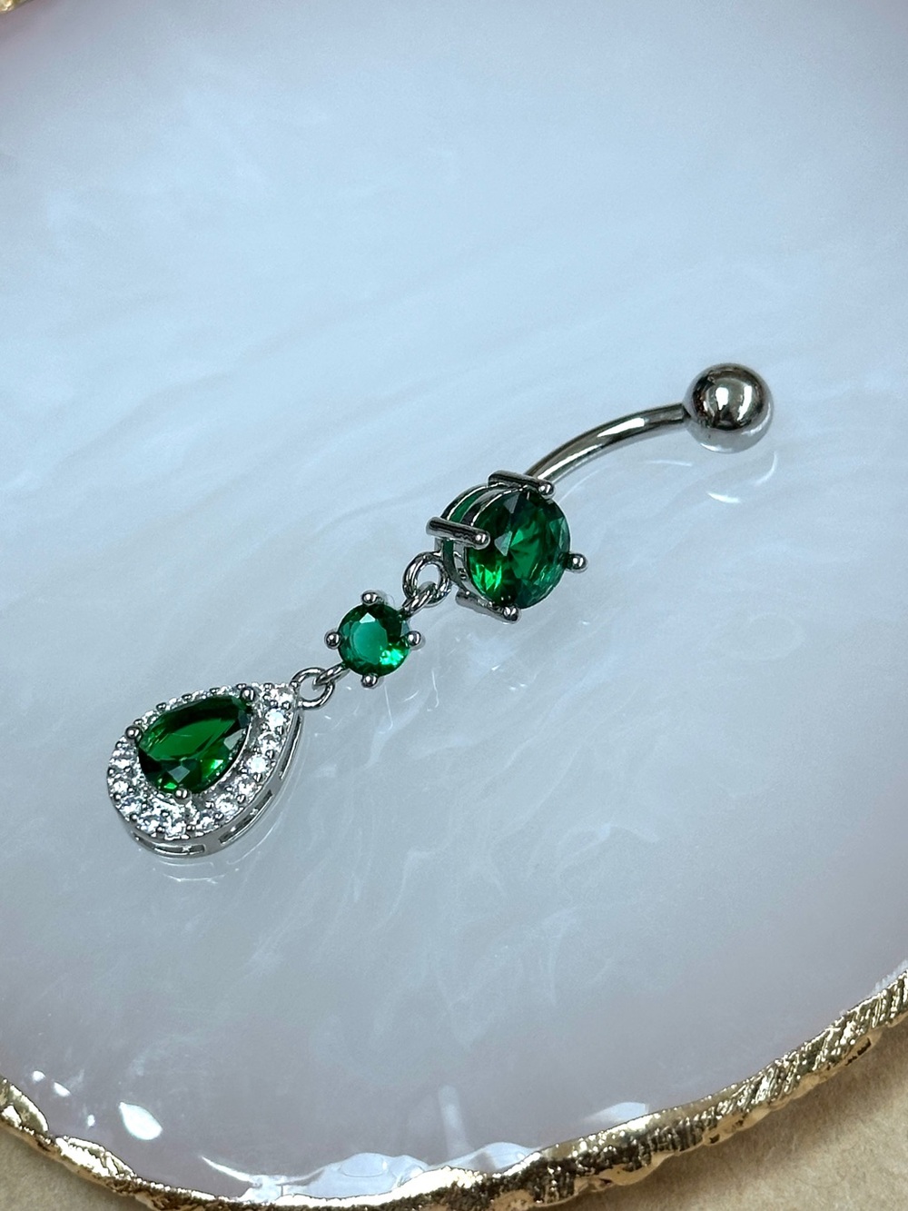 Clear and dark green teardrop dangle belly button ring navel ring new 14g